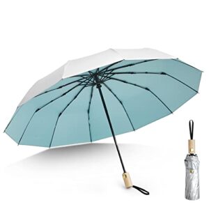 g4free 46 inch upf 50+ uv protection large travel umbrella with wooden handle, 15 fibreglass ribs super windproof sun blocking folding umbrella auto open close (lake blue)