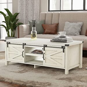 homfamilia farmhouse coffee table with sliding barn doors & storage, white rustic wooden center rectangular tables w/adjustable cabinet shelves, for bedroom, home office, living room