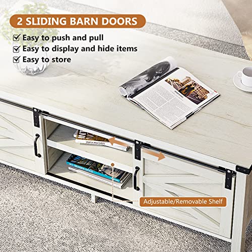 HOMFAMILIA Farmhouse Coffee Table with Sliding Barn Doors & Storage, White Rustic Wooden Center Rectangular Tables w/Adjustable Cabinet Shelves, for Bedroom, Home Office, Living Room