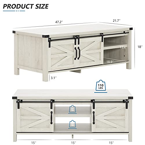 HOMFAMILIA Farmhouse Coffee Table with Sliding Barn Doors & Storage, White Rustic Wooden Center Rectangular Tables w/Adjustable Cabinet Shelves, for Bedroom, Home Office, Living Room