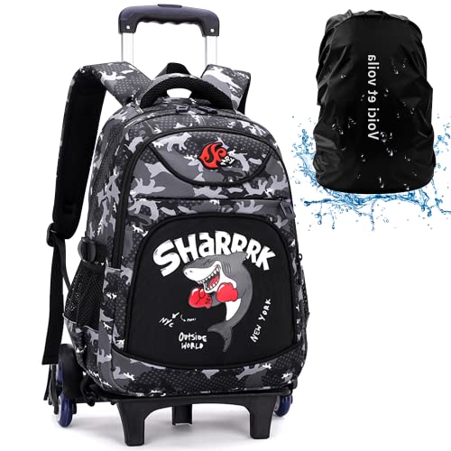 Wheeled Backpack School Kids Backpack with Wheels Boys Wheeled Backpacks 6 Wheels Camouflage Trolley Book Bags Shark Printed Wheeled Schoolbag for Boys Primary School Book Bags with Wheels Gray Bag