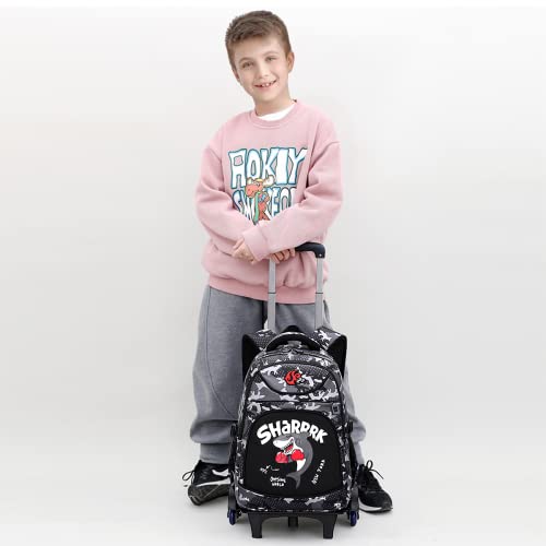 Wheeled Backpack School Kids Backpack with Wheels Boys Wheeled Backpacks 6 Wheels Camouflage Trolley Book Bags Shark Printed Wheeled Schoolbag for Boys Primary School Book Bags with Wheels Gray Bag