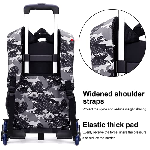 Wheeled Backpack School Kids Backpack with Wheels Boys Wheeled Backpacks 6 Wheels Camouflage Trolley Book Bags Shark Printed Wheeled Schoolbag for Boys Primary School Book Bags with Wheels Gray Bag