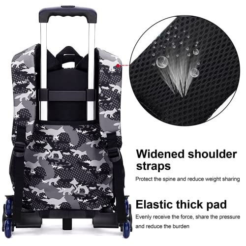 Wheeled Backpack School Kids Backpack with Wheels Boys Wheeled Backpacks 6 Wheels Camouflage Trolley Book Bags Shark Printed Wheeled Schoolbag for Boys Primary School Book Bags with Wheels Gray Bag