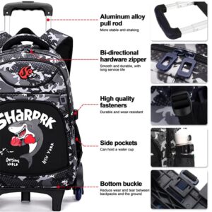 Wheeled Backpack School Kids Backpack with Wheels Boys Wheeled Backpacks 6 Wheels Camouflage Trolley Book Bags Shark Printed Wheeled Schoolbag for Boys Primary School Book Bags with Wheels Gray Bag