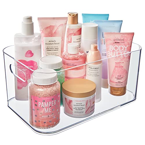 STORi Bliss 12"x 8" Open Compartment Clear Plastic Organizer | Rectangular Makeup and Vanity Storage Bin and Pantry Caddy with Pass-Through Handles | Round Corner Design | Made in USA