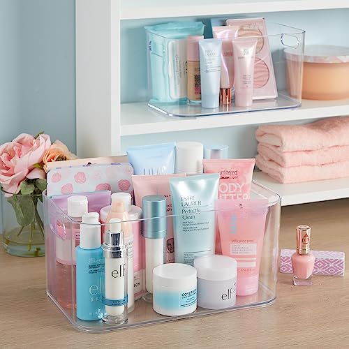 STORi Bliss 12"x 8" Open Compartment Clear Plastic Organizer | Rectangular Makeup and Vanity Storage Bin and Pantry Caddy with Pass-Through Handles | Round Corner Design | Made in USA