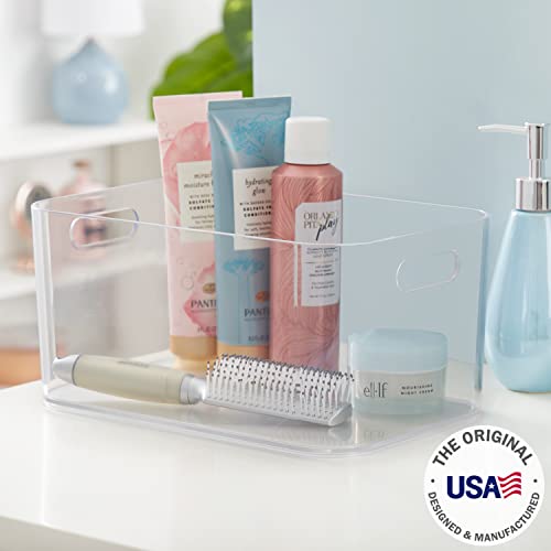 STORi Bliss 12"x 8" Open Compartment Clear Plastic Organizer | Rectangular Makeup and Vanity Storage Bin and Pantry Caddy with Pass-Through Handles | Round Corner Design | Made in USA