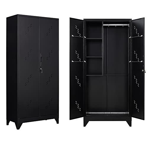 Metal Garage Storage Cabinet, Cleaning Tool Storage Cabinet, Multifunctional Garage Storage Broom Closet with Doors, Handing Rod (Black, Door-2)