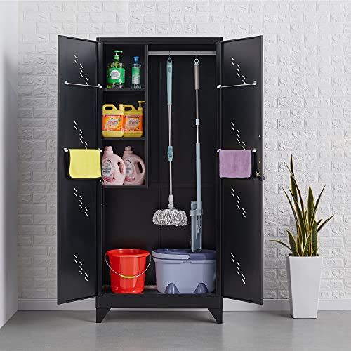 Metal Garage Storage Cabinet, Cleaning Tool Storage Cabinet, Multifunctional Garage Storage Broom Closet with Doors, Handing Rod (Black, Door-2)