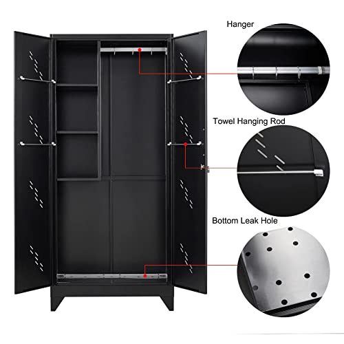 Metal Garage Storage Cabinet, Cleaning Tool Storage Cabinet, Multifunctional Garage Storage Broom Closet with Doors, Handing Rod (Black, Door-2)