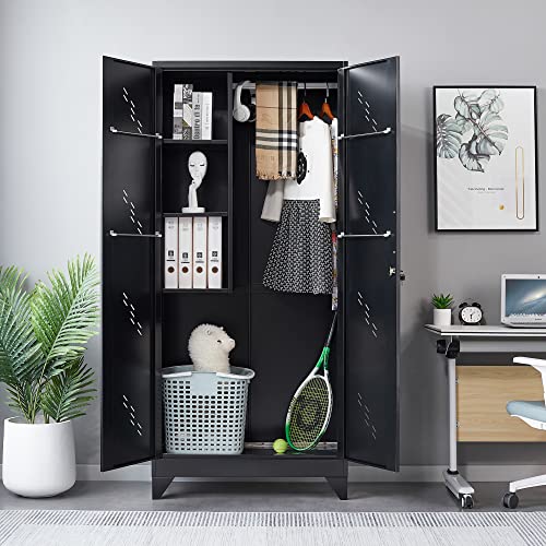 Metal Garage Storage Cabinet, Cleaning Tool Storage Cabinet, Multifunctional Garage Storage Broom Closet with Doors, Handing Rod (Black, Door-2)