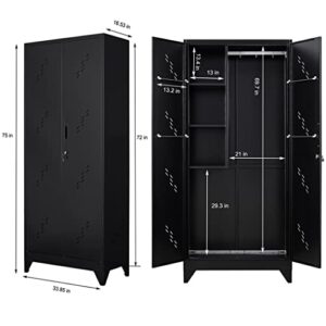 Metal Garage Storage Cabinet, Cleaning Tool Storage Cabinet, Multifunctional Garage Storage Broom Closet with Doors, Handing Rod (Black, Door-2)