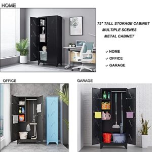 Metal Garage Storage Cabinet, Cleaning Tool Storage Cabinet, Multifunctional Garage Storage Broom Closet with Doors, Handing Rod (Black, Door-2)