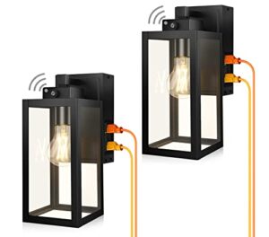 lamomo outdoor wall lights, 2 pack dusk to dawn porch light with gfci outlet, anti-rust waterproof black exterior light fixture, outside front wall sconce for house, doorway, glass shades, e26 socket