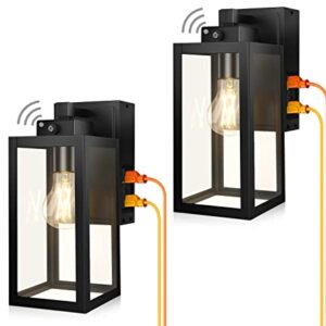 Lamomo Outdoor Wall Lights, 2 Pack Dusk to Dawn Porch Light with GFCI Outlet, Anti-Rust Waterproof Black Exterior Light Fixture, Outside Front Wall Sconce for House, Doorway, Glass Shades, E26 Socket