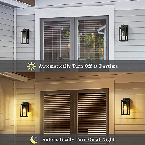 Lamomo Outdoor Wall Lights, 2 Pack Dusk to Dawn Porch Light with GFCI Outlet, Anti-Rust Waterproof Black Exterior Light Fixture, Outside Front Wall Sconce for House, Doorway, Glass Shades, E26 Socket