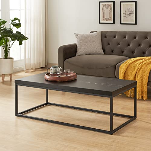 CENSI Black Marble Coffee Table for Living Room, 47 Inch Modern Industrial Rectangular Wood and Metal Center Coffee Table