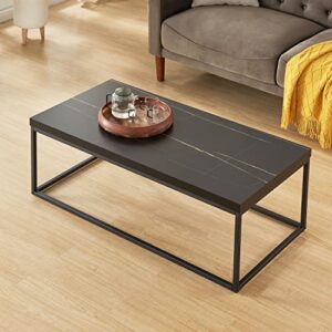 CENSI Black Marble Coffee Table for Living Room, 47 Inch Modern Industrial Rectangular Wood and Metal Center Coffee Table