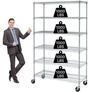 heavy duty 6 tier wire shelving unit adjustable storage rack on wheels 6000 lbs weight capacity metal shelves space saving wire shelf multifunctional garage shelving for commercial storage, chrome