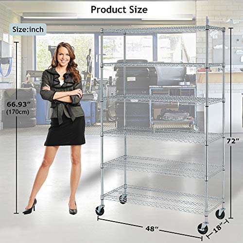 Heavy Duty 6 Tier Wire Shelving Unit Adjustable Storage Rack on Wheels 6000 Lbs Weight Capacity Metal Shelves Space Saving Wire Shelf Multifunctional Garage Shelving for Commercial Storage, Chrome