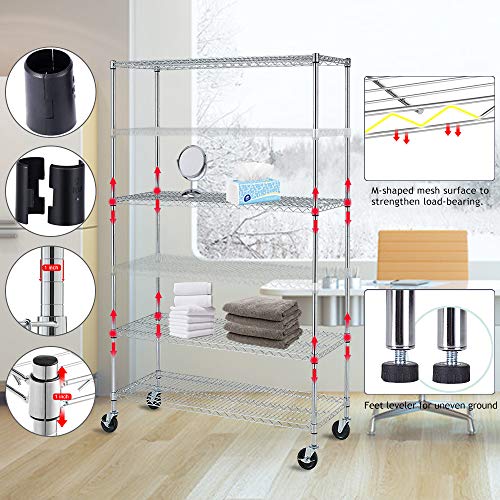 Heavy Duty 6 Tier Wire Shelving Unit Adjustable Storage Rack on Wheels 6000 Lbs Weight Capacity Metal Shelves Space Saving Wire Shelf Multifunctional Garage Shelving for Commercial Storage, Chrome