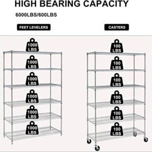 Heavy Duty 6 Tier Wire Shelving Unit Adjustable Storage Rack on Wheels 6000 Lbs Weight Capacity Metal Shelves Space Saving Wire Shelf Multifunctional Garage Shelving for Commercial Storage, Chrome