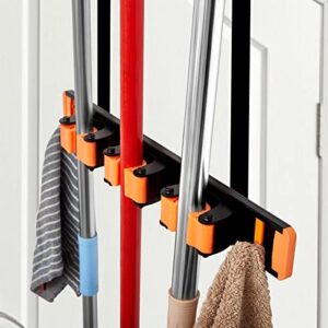 unjumbly broom holder wall mount, drilling free mop and broom holder with 2 over door hooks, tool organizer for laundry room, garage, kitchen, closet, bathroom, pantry - orange
