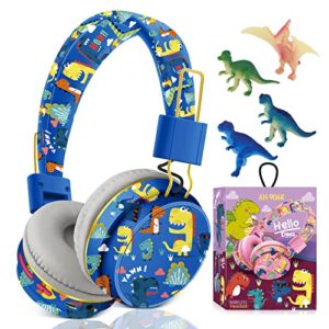qearfun dinosaur headphones for boys kids for school, kids bluetooth headphones with microphone & 3.5mm jack, teens toddlers wireless headphones with adjustable headband for tablet/pc (blue)