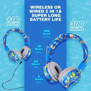 QearFun Dinosaur Headphones for Boys Kids for School, Kids Bluetooth Headphones with Microphone & 3.5mm Jack, Teens Toddlers Wireless Headphones with Adjustable Headband for Tablet/PC (Blue)