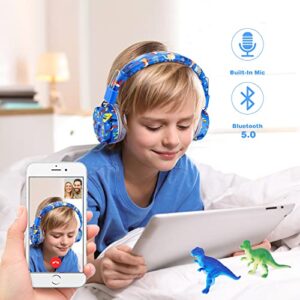 QearFun Dinosaur Headphones for Boys Kids for School, Kids Bluetooth Headphones with Microphone & 3.5mm Jack, Teens Toddlers Wireless Headphones with Adjustable Headband for Tablet/PC (Blue)