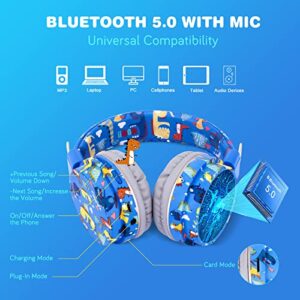 QearFun Dinosaur Headphones for Boys Kids for School, Kids Bluetooth Headphones with Microphone & 3.5mm Jack, Teens Toddlers Wireless Headphones with Adjustable Headband for Tablet/PC (Blue)