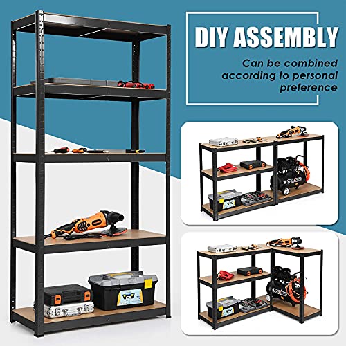 5 Tier Storage Shelve Heavy Duty Metal Shelving Units, Bolt-free Assembly, 80H x 40W x 20D inch, Adjustable Utility Shelf Steel Storage Rack with Durable MDF Boards for Garage Kitchen Bedroom (Black)
