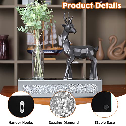 2 Pieces Mirrored Floating Wall Shelf Crushed Diamond Crystals Wall Rack Silver Glass Shelves Decorative Hanging Mirror Shelf Display Ledge of Trophy and Photo Frame for Home Bathroom Living Room