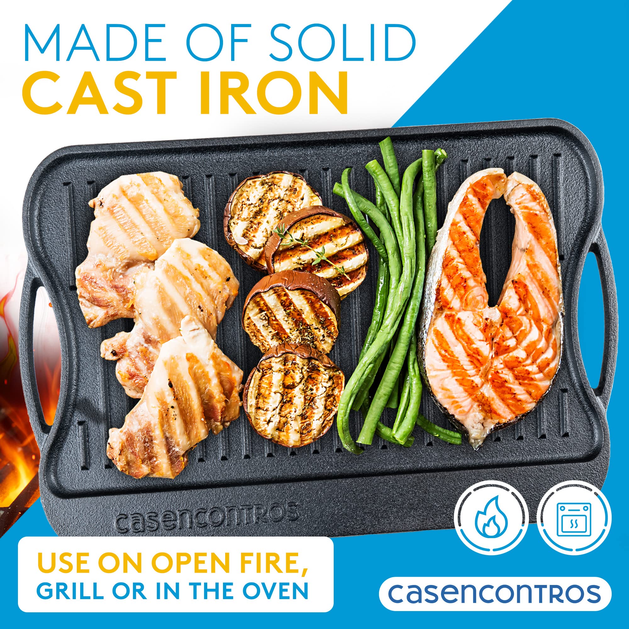 Casencontros - Cast Iron Griddle Pan for Stove Top [2 in 1 Reversible] - Pre-Seasoned Stove Top Griddle with Handles [17 x 9.8in] - Multi Use Grill Pan with Silicone Handles - Stove Top Griddle