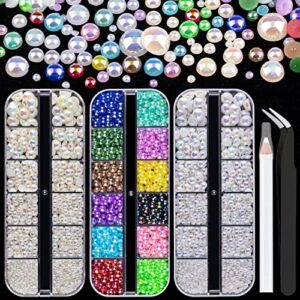 3800 pcs 3 boxes flat back pearls kits flatback colorful ab+white ab+beige ab half round pearls with pickup pencil and tweezer for home diy and professional nail art, face makeup and craft