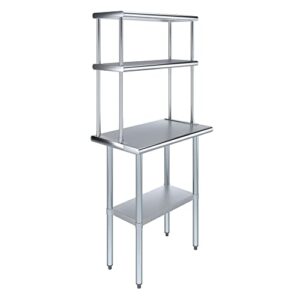 amgood stainless steel work table with 12" wide double tier overshelf | metal kitchen prep table & shelving combo | nsf (stainless steel table with double overshelves, 30" long x 18" deep)