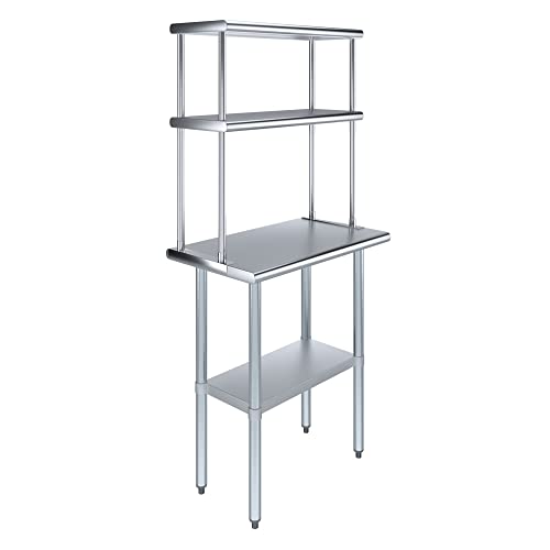 AmGood Stainless Steel Work Table with 12" Wide Double Tier Overshelf | Metal Kitchen Prep Table & Shelving Combo | NSF (Stainless Steel Table with Double Overshelves, 30" Long x 18" Deep)