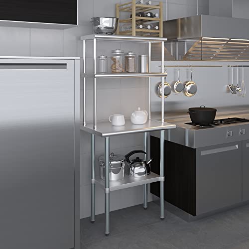 AmGood Stainless Steel Work Table with 12" Wide Double Tier Overshelf | Metal Kitchen Prep Table & Shelving Combo | NSF (Stainless Steel Table with Double Overshelves, 30" Long x 18" Deep)