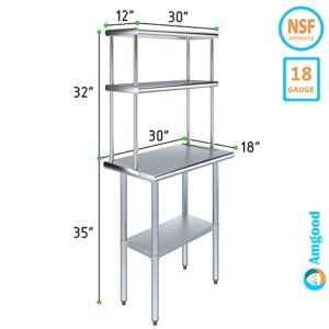 AmGood Stainless Steel Work Table with 12" Wide Double Tier Overshelf | Metal Kitchen Prep Table & Shelving Combo | NSF (Stainless Steel Table with Double Overshelves, 30" Long x 18" Deep)