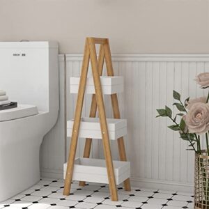 bathroom shelving storage rack with 3 wooden baskets white mid-century modern bamboo