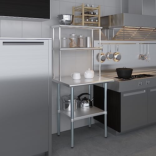 AmGood Stainless Steel Work Table with 12" Wide Double Tier Overshelf | Metal Kitchen Prep Table & Shelving Combo | NSF (Stainless Steel Table with Double Overshelves, 30" Long x 24" Deep)