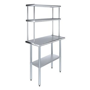 amgood stainless steel work table with 12" wide double tier overshelf | metal kitchen prep table & shelving combo | nsf (stainless steel table with double overshelves, 36" long x 18" deep)