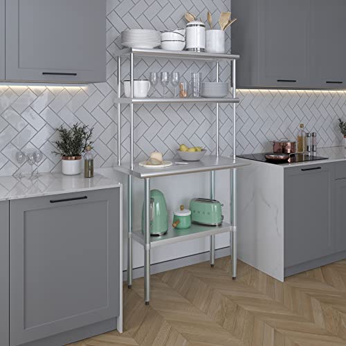 AmGood Stainless Steel Work Table with 12" Wide Double Tier Overshelf | Metal Kitchen Prep Table & Shelving Combo | NSF (Stainless Steel Table with Double Overshelves, 36" Long x 18" Deep)