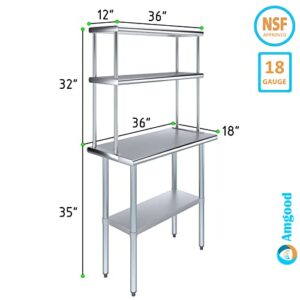 AmGood Stainless Steel Work Table with 12" Wide Double Tier Overshelf | Metal Kitchen Prep Table & Shelving Combo | NSF (Stainless Steel Table with Double Overshelves, 36" Long x 18" Deep)