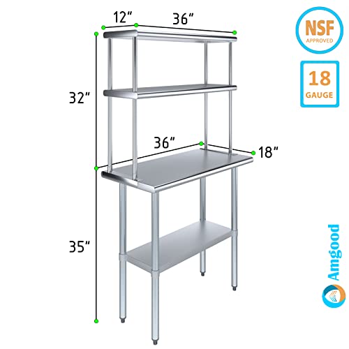 AmGood Stainless Steel Work Table with 12" Wide Double Tier Overshelf | Metal Kitchen Prep Table & Shelving Combo | NSF (Stainless Steel Table with Double Overshelves, 36" Long x 18" Deep)