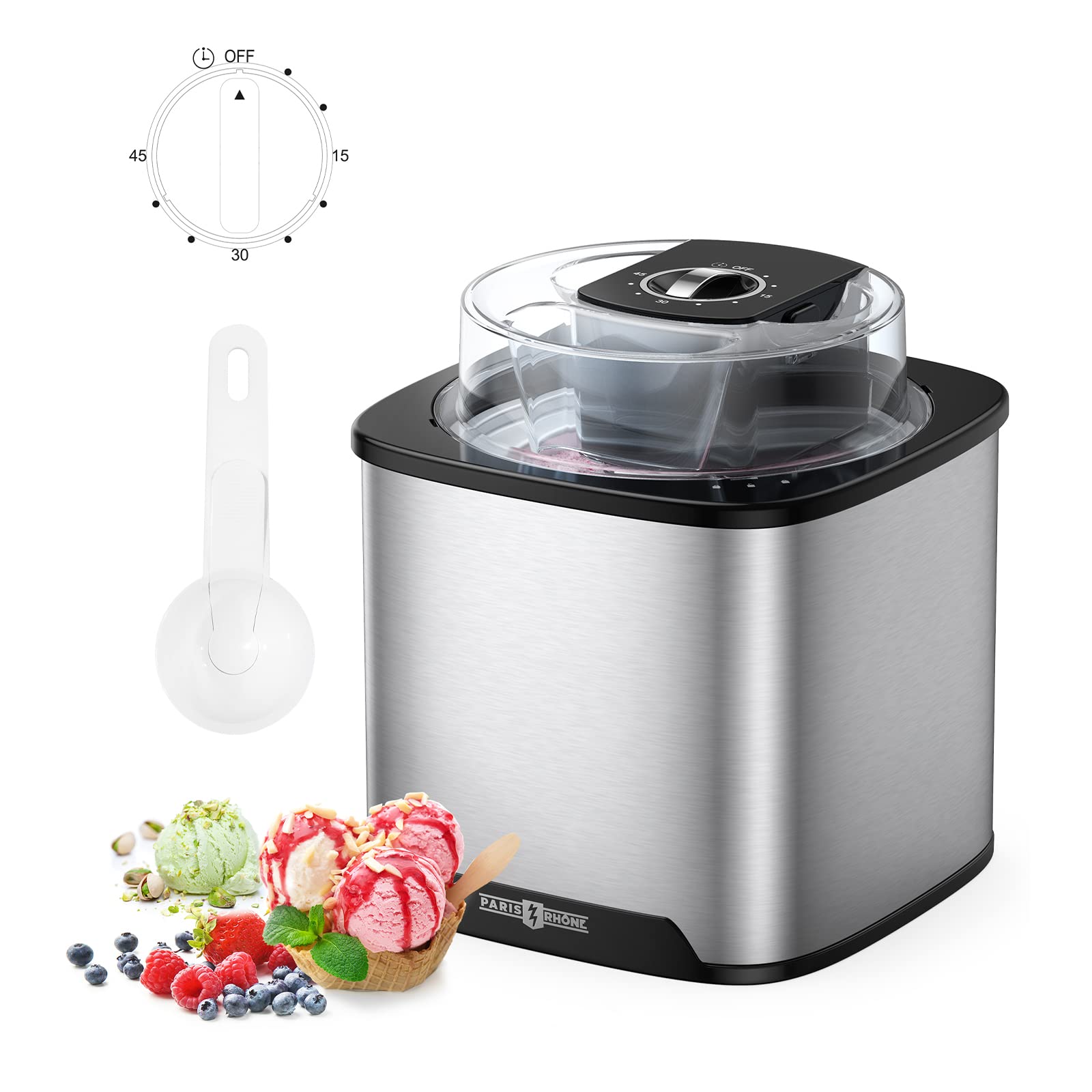 2.1 Quart Ice Cream Maker, Paris Rhône Automatic Homemade Electric Ice Cream Maker Machine for Countertops with Freezer Bowl, Spatula, Scoop, Measuring Cup for Frozen Yogurt, Creamy Ice Cream,