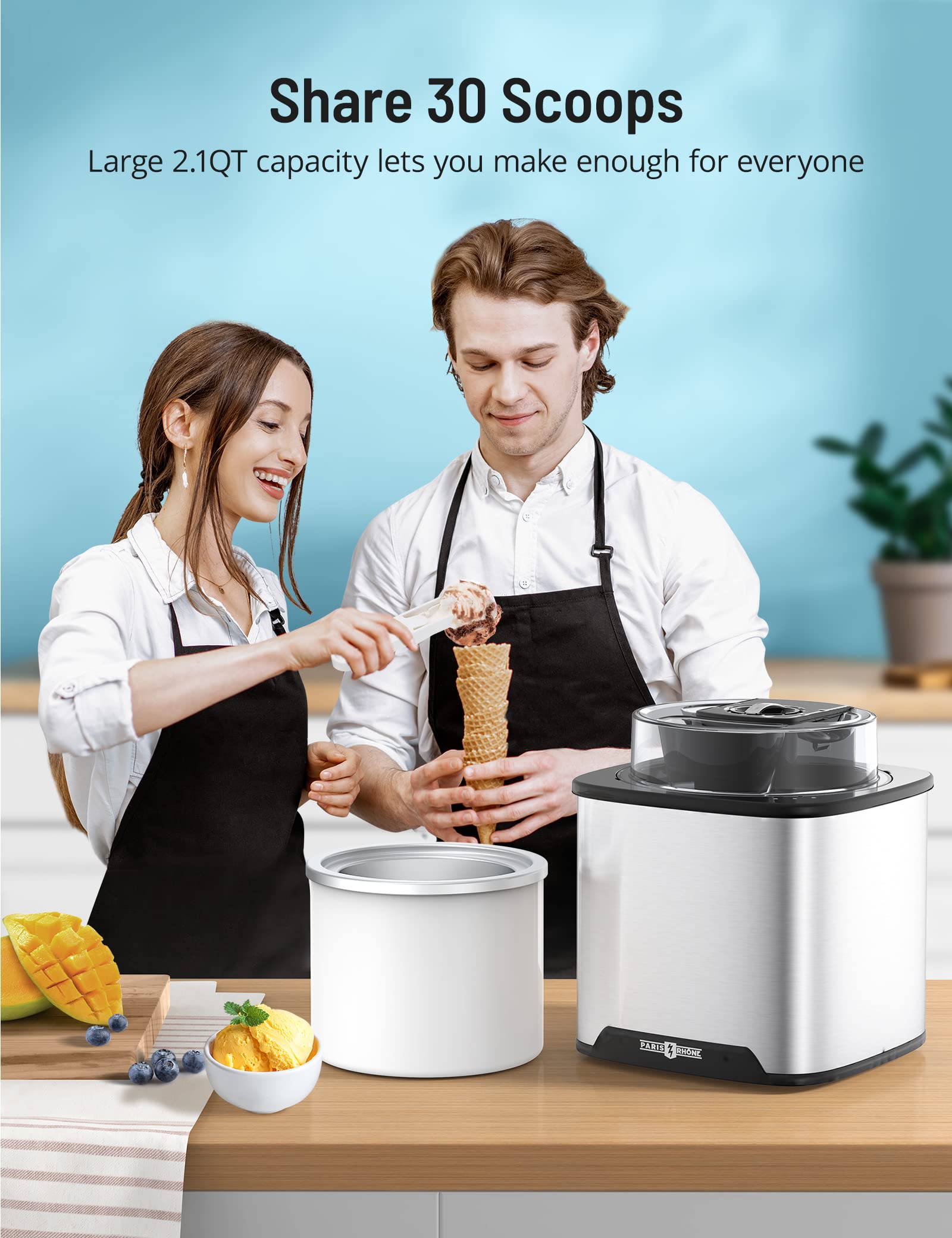 2.1 Quart Ice Cream Maker, Paris Rhône Automatic Homemade Electric Ice Cream Maker Machine for Countertops with Freezer Bowl, Spatula, Scoop, Measuring Cup for Frozen Yogurt, Creamy Ice Cream,