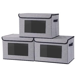 yheenlf fabric storage boxes,storage baskets for shelves with lids, toy chest fabric storage bins with handles, decorative linen closet organizers boxes,medium, gray, 3-pack
