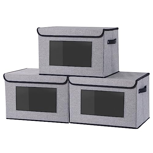 YheenLf Fabric Storage boxes,Storage Baskets for Shelves with Lids, Toy Chest Fabric Storage Bins with Handles, Decorative Linen Closet Organizers Boxes,Medium, Gray, 3-Pack